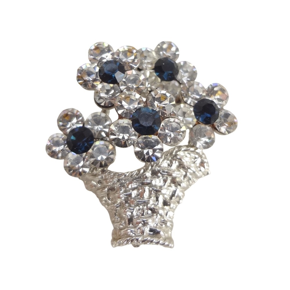 Flower Basket Brooch Silver Blue Excellent Rhinestone Floral